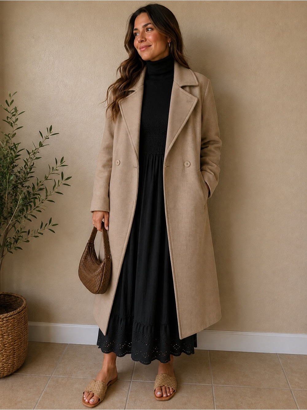 H&M Beige/Tan Double-Breasted Trench Coat